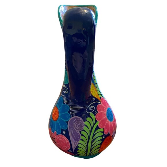 Terracotta hand-painted floral jug bright boho unique clay flowers, Mexican - Picture 2 of 10